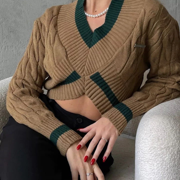 Damen Cropped Strickpullover mit V-Ausschnitt und Kontraststreifen Drune