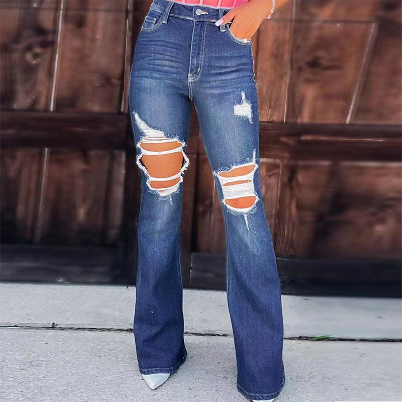 Damen Flared Jeans mit modischen Destroyed-Effekten und hohem Bund Drune