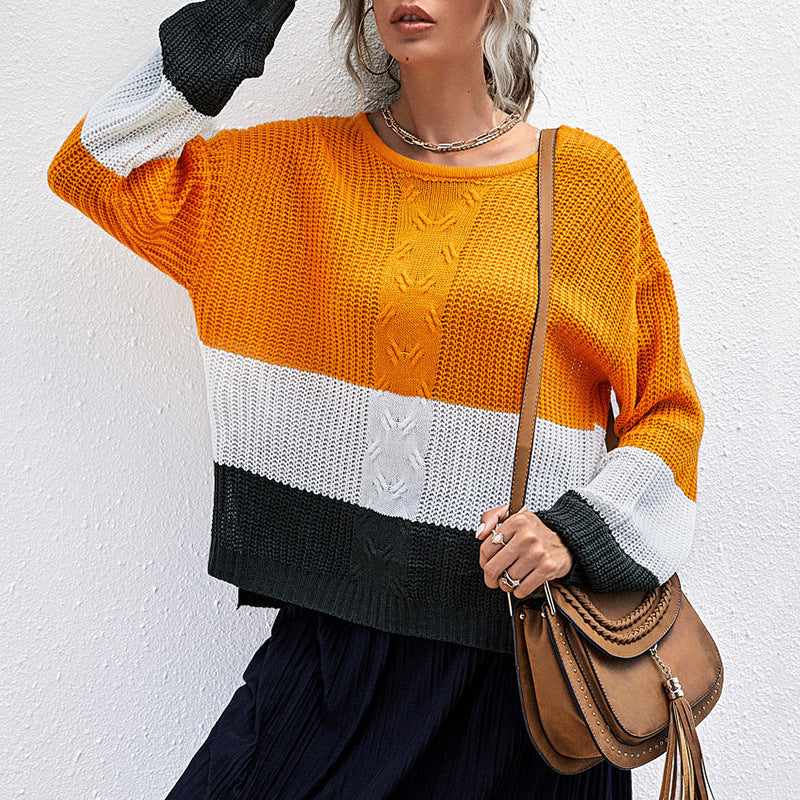 Damen lässiger Strickpullover mit modischen Blockstreifen und weitem Schnitt Drune
