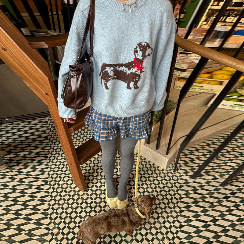 Damen Sweatshirt mit verspieltem Hundemotiv und gerippten Ärmeln Drune