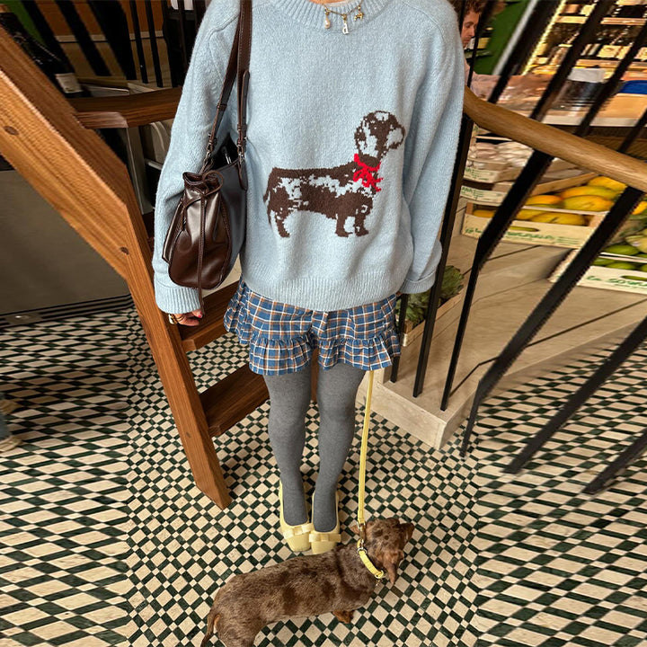 Damen Sweatshirt mit verspieltem Hundemotiv und gerippten Ärmeln Drune