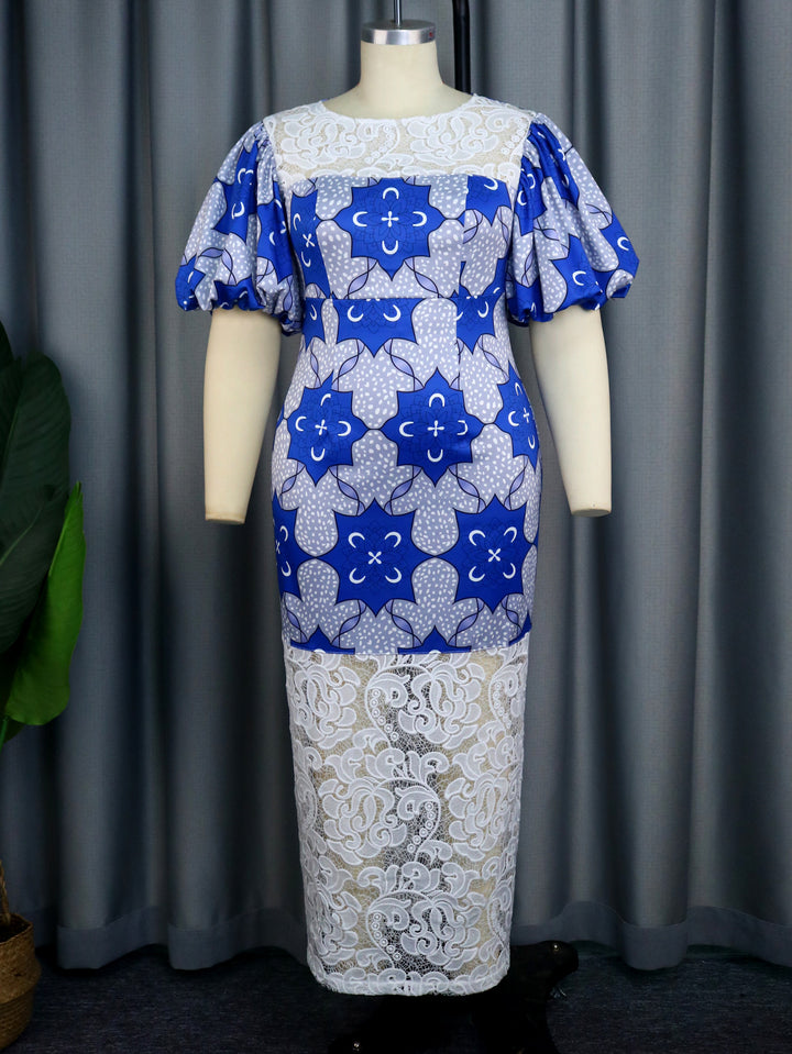 Damen Elegantes Midi-Langarmkleid mit floralem Muster und Puffärmeln Drune