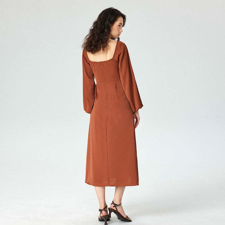 Damen Midi-Kleid mit raffinierten Puffärmeln und hohem Schlitz Drune