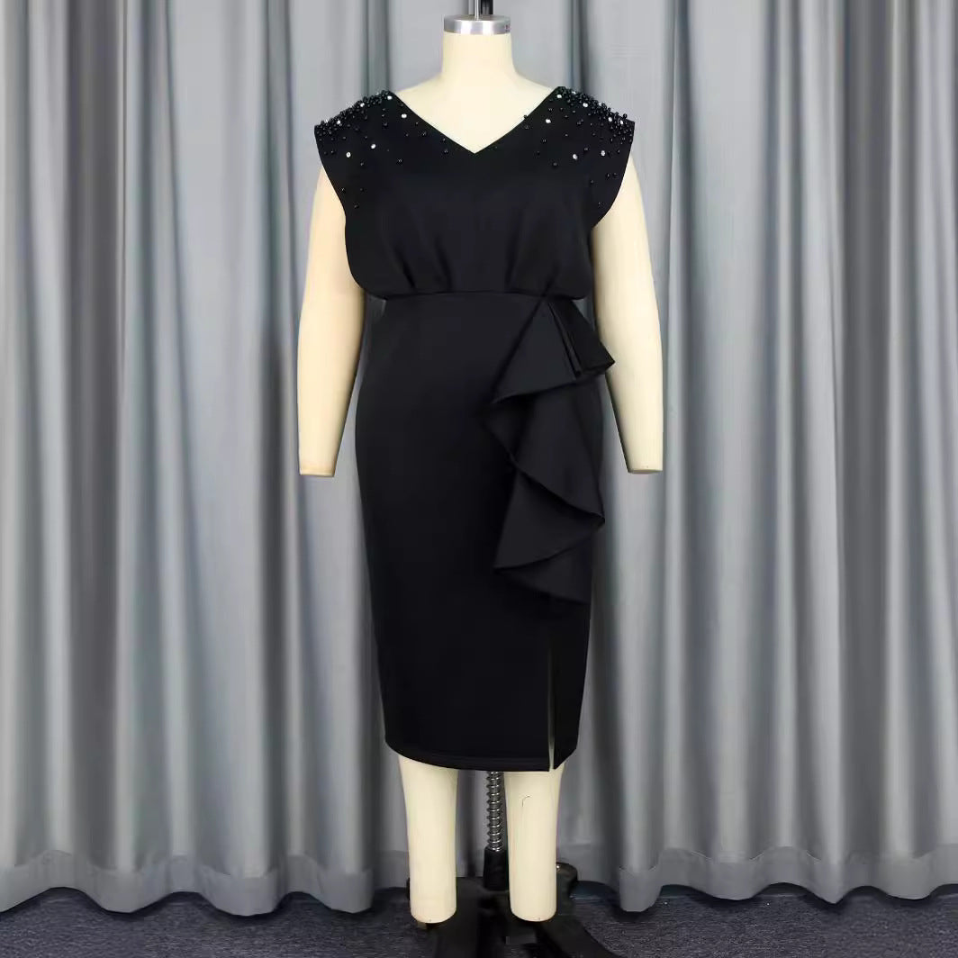 Damen elegantes Wickelkleid mit schimmernden Perlen und asymmetrischem Rüschensaum Drune