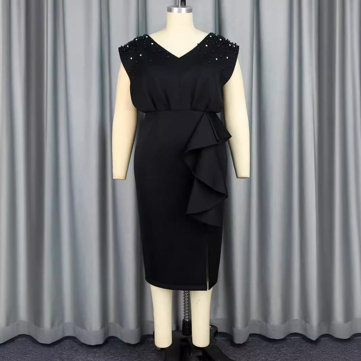 Damen elegantes Wickelkleid mit schimmernden Perlen und asymmetrischem Rüschensaum Drune