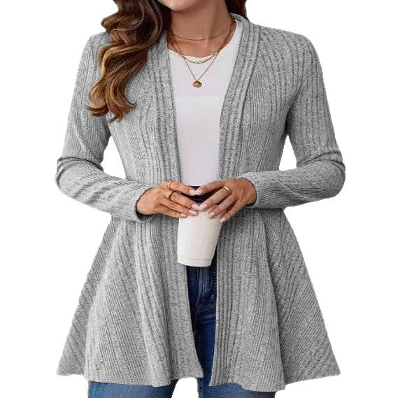 Damen lange Strickjacke mit modernem Rippdesign und Taillierung Drune