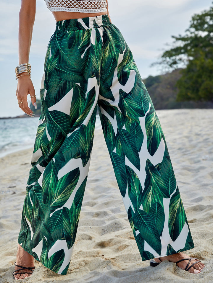 Damen weite Strandhose mit tropischem Blattmuster und elastischem Bund Drune