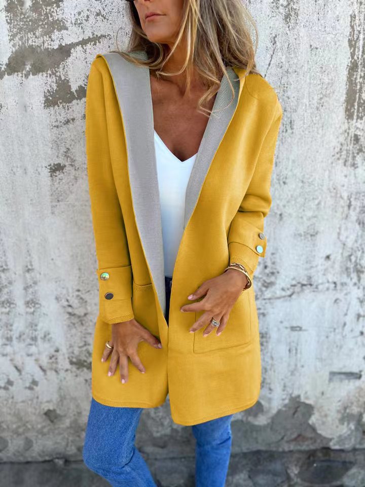 Damen modische Longjacke mit großzügiger Kapuze und praktischen Taschen Drune