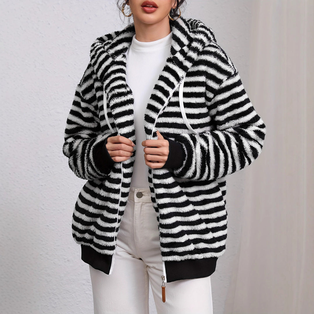 Damen Flauschige Strickjacke mit kontrastierenden Streifen Drune