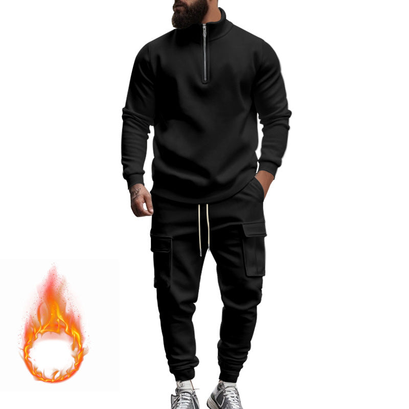 Herren nan sportives Cargo-Joggingset mit Halbzip-Stehkragen, wärmendem Fleece-Innenfutter und großzügigen Klapptaschen Drune