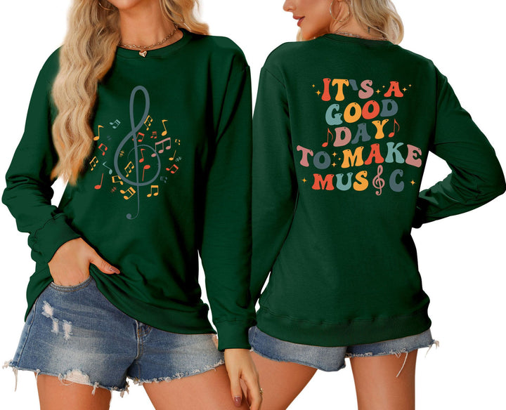 Damen Sweatshirt mit musikalischem Motiv und kreativem Schriftzug Drune