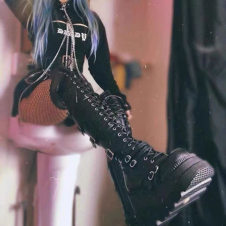 Damen Überknie Stiefel mit Schnallen-Detail und robustem Plateau Drune
