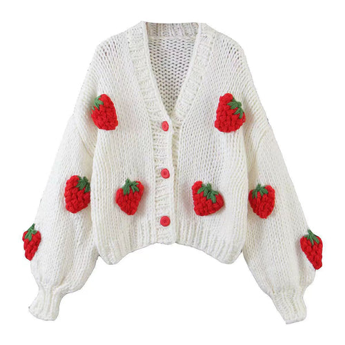 Damen Strickjacke mit Erdbeerapplikationen und Knopfverschluss Drune