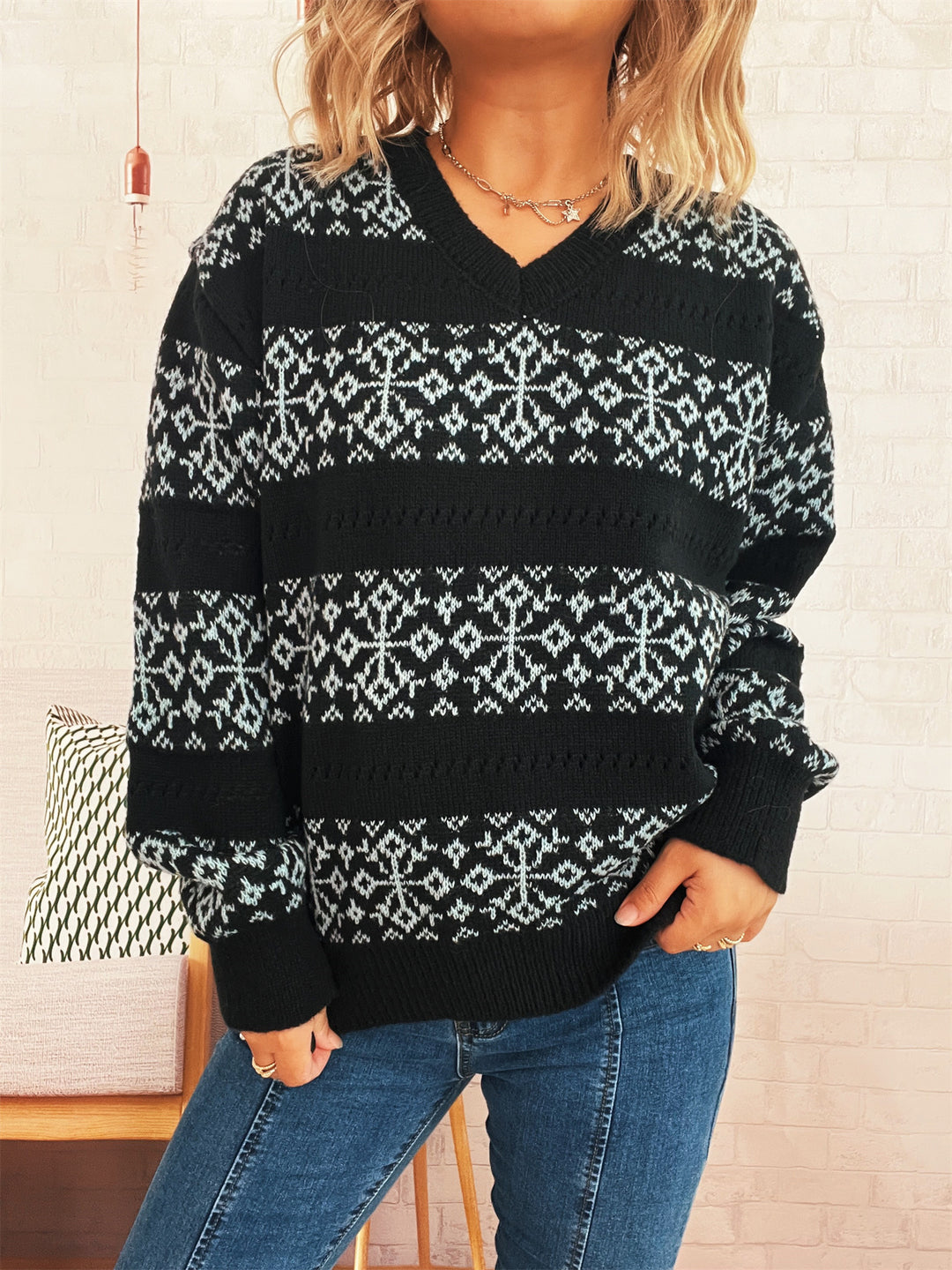 Damen Grobstrickpullover mit winterlichem Schneeflocken-Muster Drune