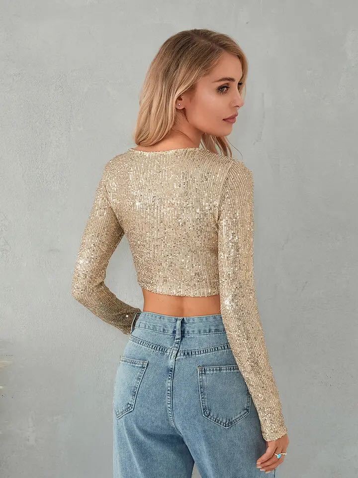 Damen Glitzerndes Crop-Top mit langen Ärmeln und figurbetontem Schnitt Drune
