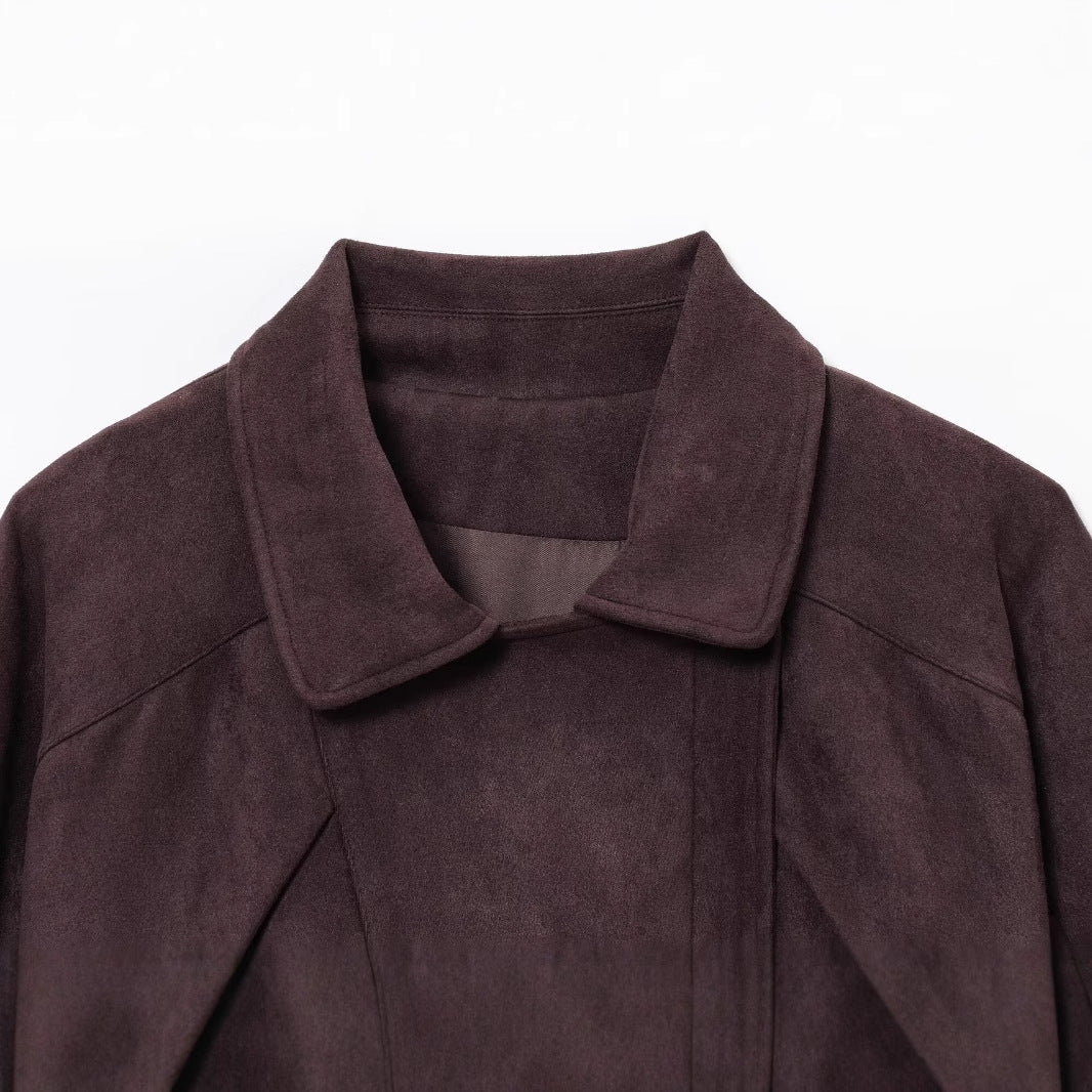 Damen modische Wildlederjacke mit Taillengürtel und asymmetrischem Reißverschluss Drune