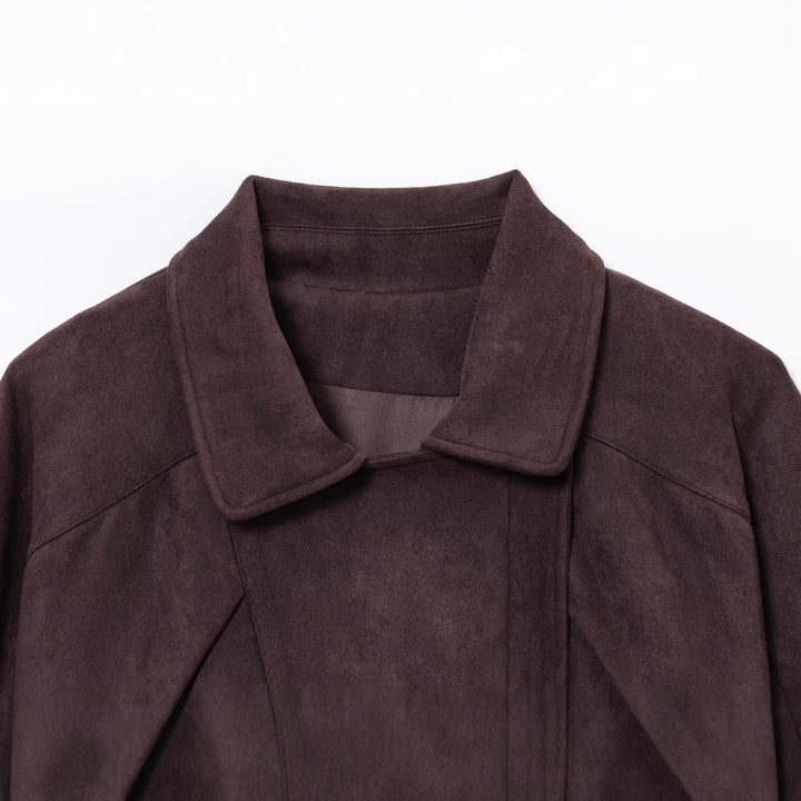 Damen modische Wildlederjacke mit Taillengürtel und asymmetrischem Reißverschluss Drune