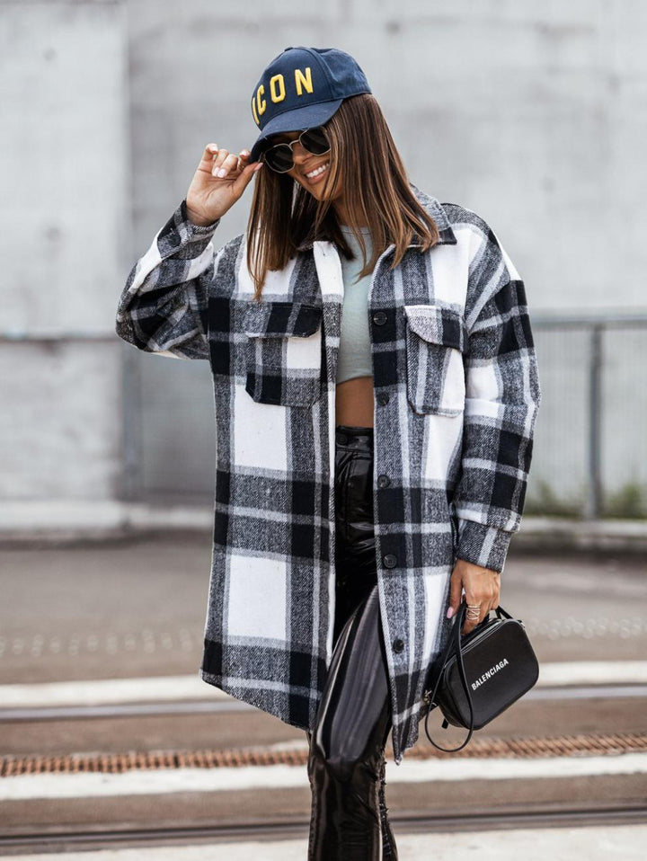 Damen Karierter Overshirt-Jacke mit lässigem Schnitt und Taschen Drune