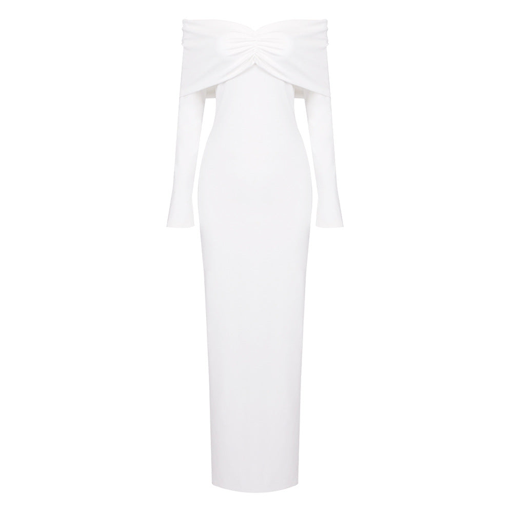 Damen elegantes Maxikleid mit schulterfreiem Design und langem Ärmel Drune
