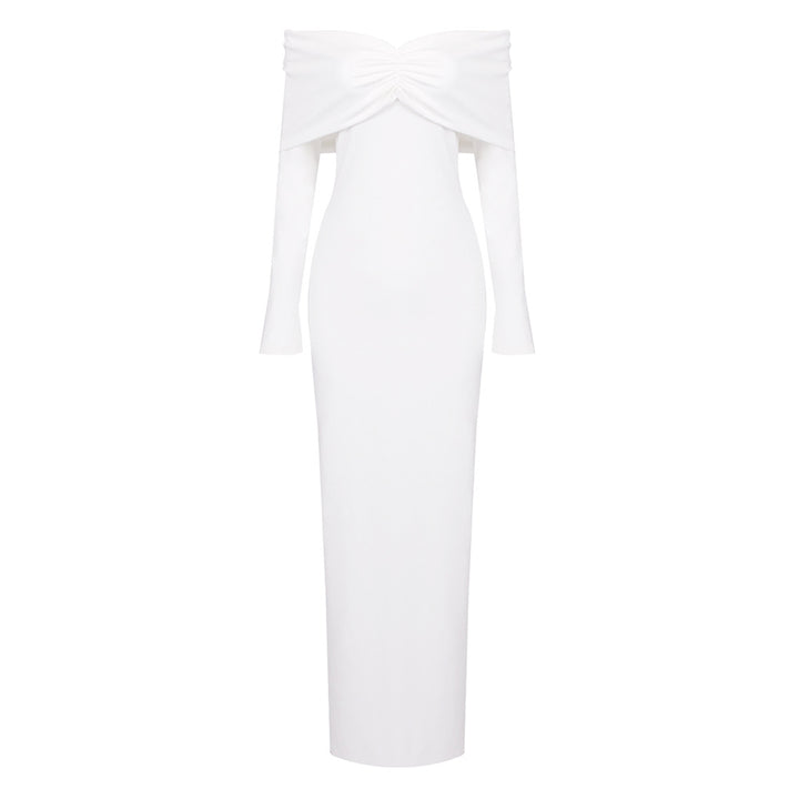 Damen elegantes Maxikleid mit schulterfreiem Design und langem Ärmel Drune