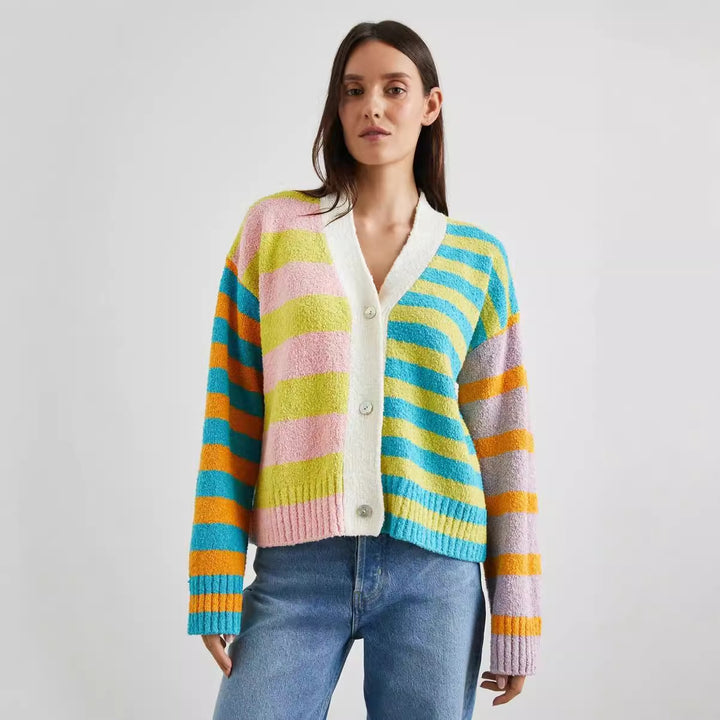 Damen Gemusterte Strickjacke mit farbenfrohem Streifenmuster und Knopfdetails Drune
