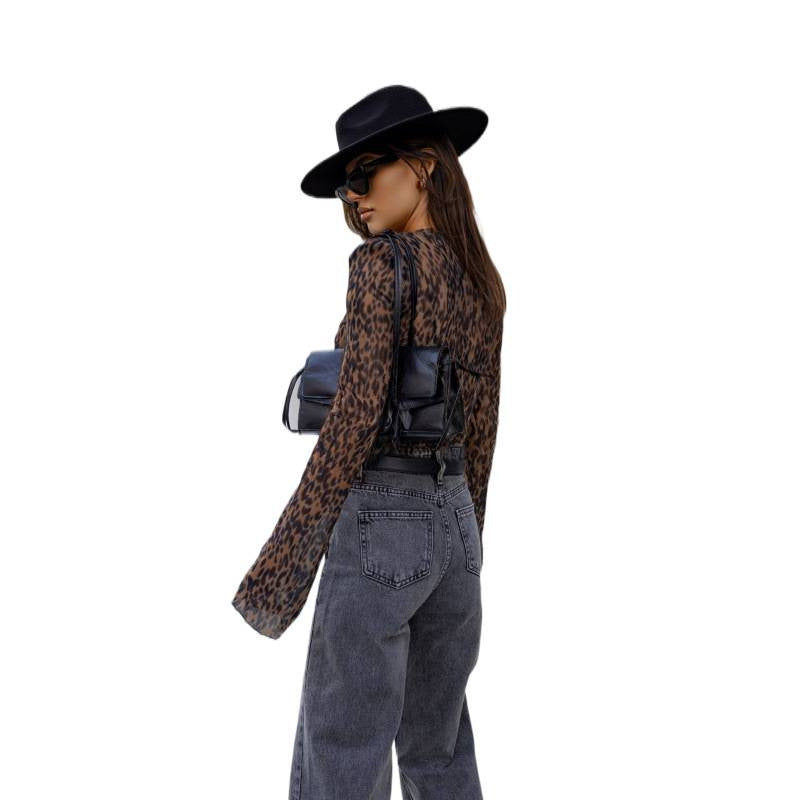 Damen Transparentes Langarmshirt im modernen Leopardenmuster Drune