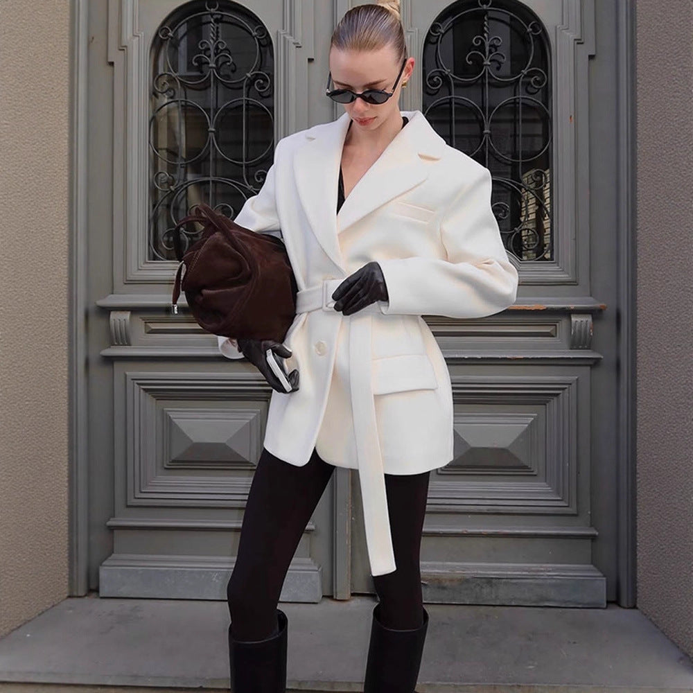 Damen modischer Blazer mit Taillengürtel und praktischen Taschen Drune