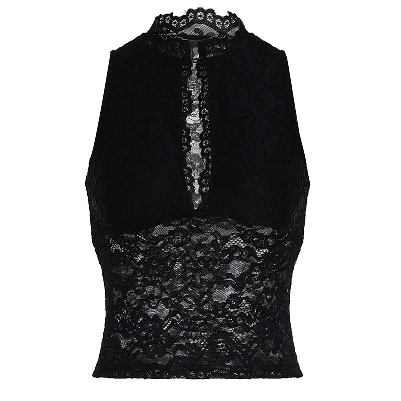 Damen Spitzen-Crop-Top mit elegantem Stehkragen und transparenten Einsätzen Drune