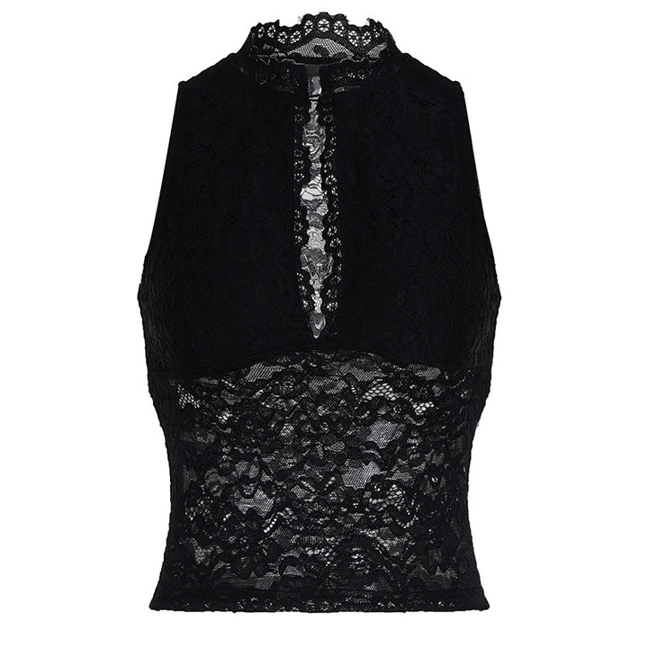 Damen Spitzen-Crop-Top mit elegantem Stehkragen und transparenten Einsätzen Drune