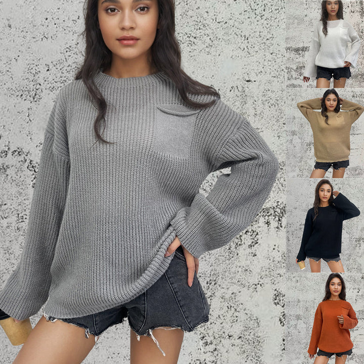 Damen Großer Strickpullover mit innovativem Strukturmuster und Brusttasche Drune
