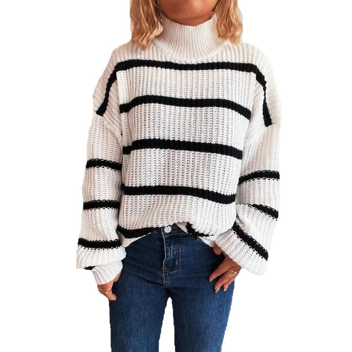 Damen Strickpullover mit hohem Kragen und modischem Streifenmuster Drune