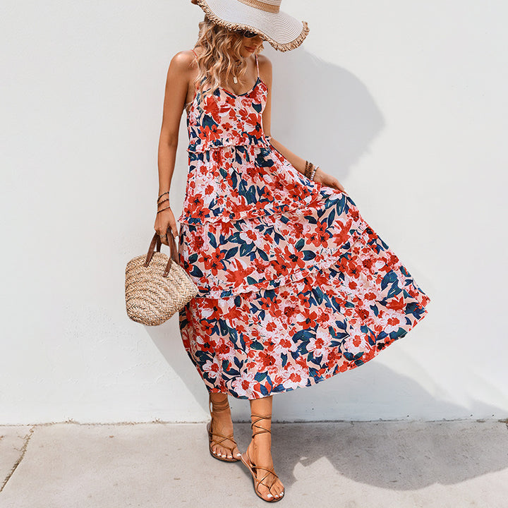 Damen Maxikleid mit floralen Rüschen und Spaghettiträgern Drune