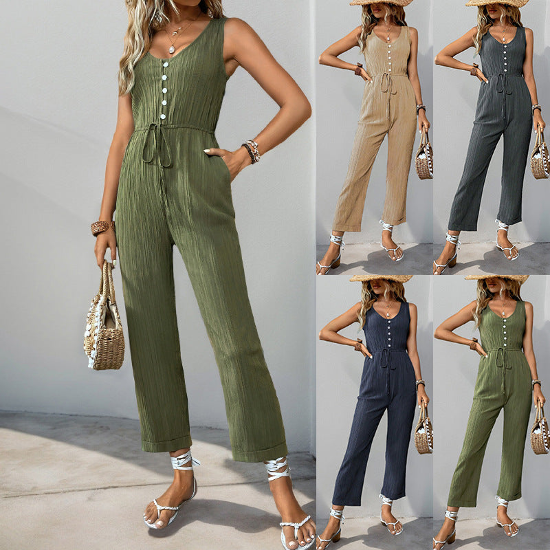 Damen stilvoller Jumpsuit mit Knopfleiste und elastischem Taillenzug Drune