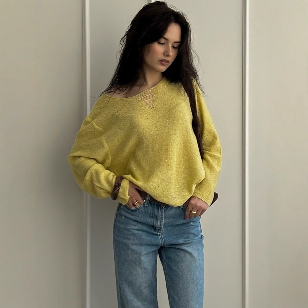 Damen glänzender Strickpullover mit lässigem Schnitt Drune