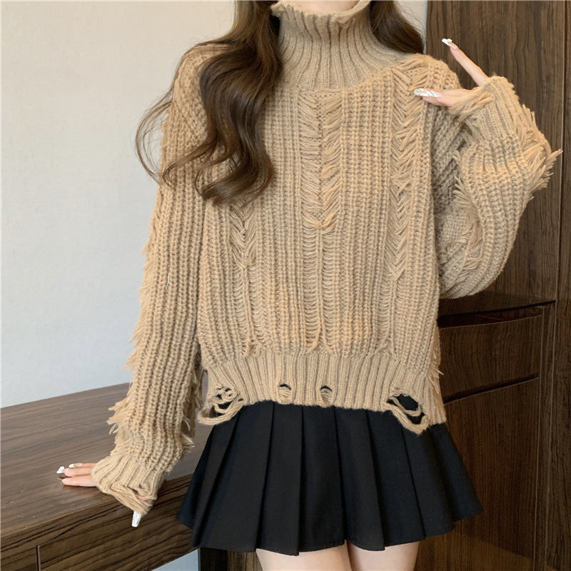 Damen Grobstrickpullover mit hohem Kragen und fransigen Designelementen Drune