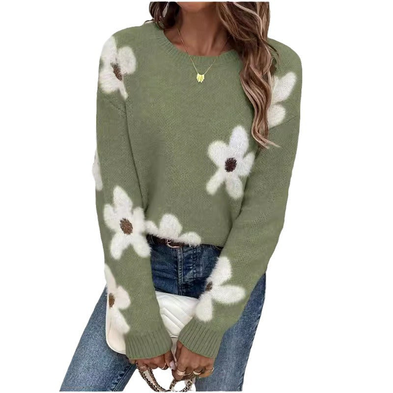 Damen Strickpullover mit floralem Design und modernem V-Ausschnitt Drune