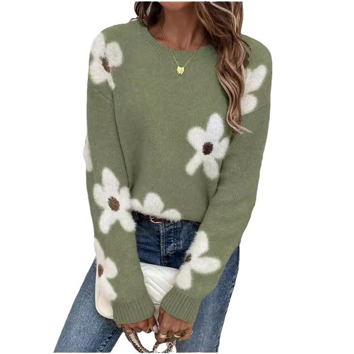 Damen Strickpullover mit floralem Design und modernem V-Ausschnitt Drune