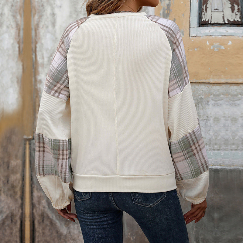 Damen lässiges Sweatshirt mit modischen Karierten Ärmeln Drune