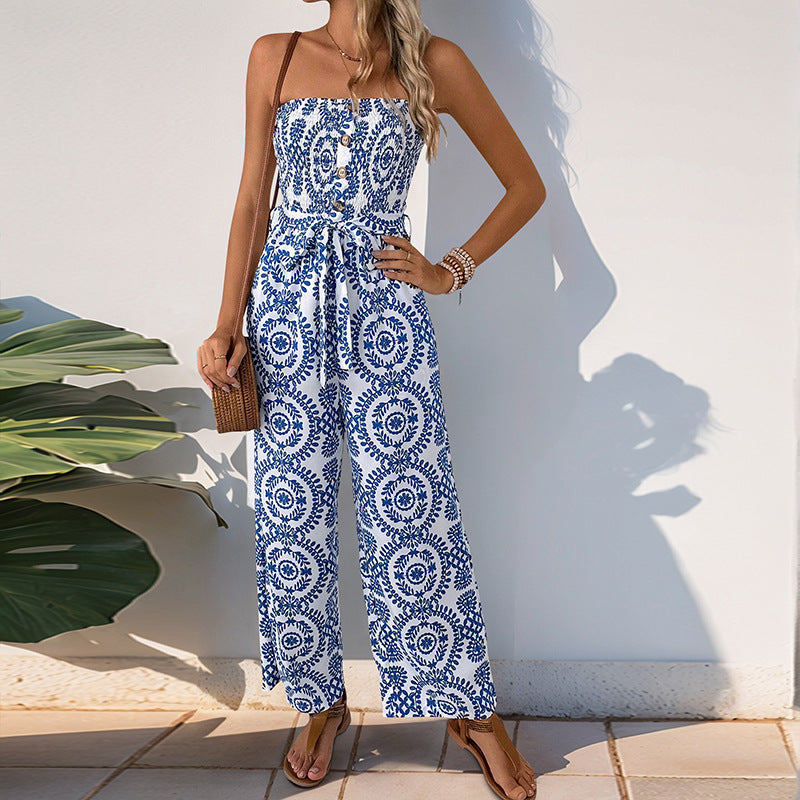 Damen lässiger Jumpsuit mit floralem Druck und praktischem Taillengürtel Drune