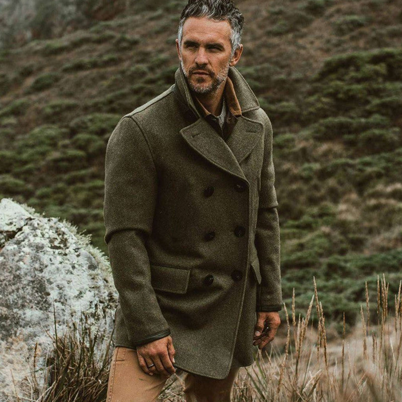 Herren eleganter Wollmantel mit doppelter Knopfleiste und hohem Kragen Drune