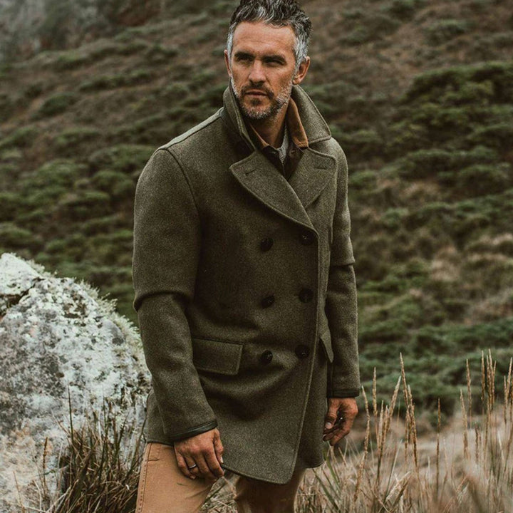 Herren eleganter Wollmantel mit doppelter Knopfleiste und hohem Kragen Drune