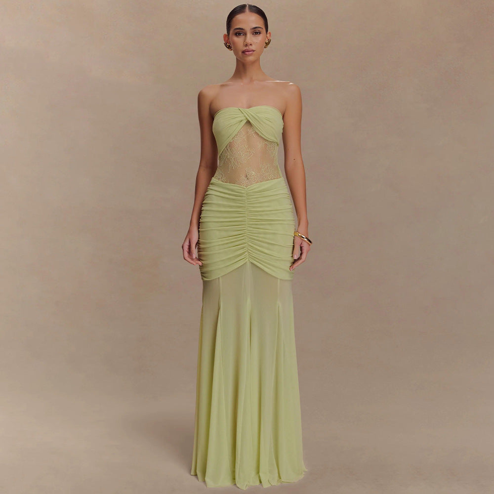 Damen Strapless Maxikleid mit raffinierten Drapierungen und Spitzen-Mix Drune