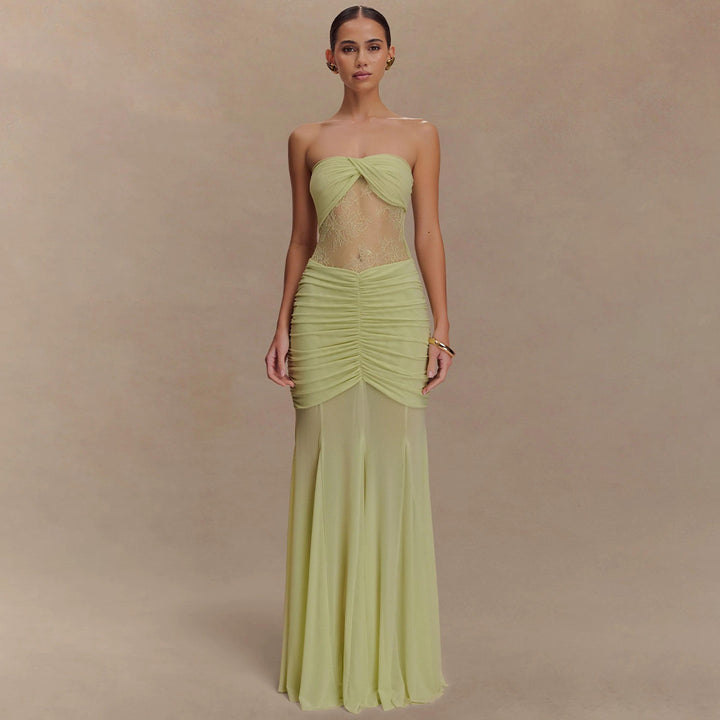Damen Strapless Maxikleid mit raffinierten Drapierungen und Spitzen-Mix Drune