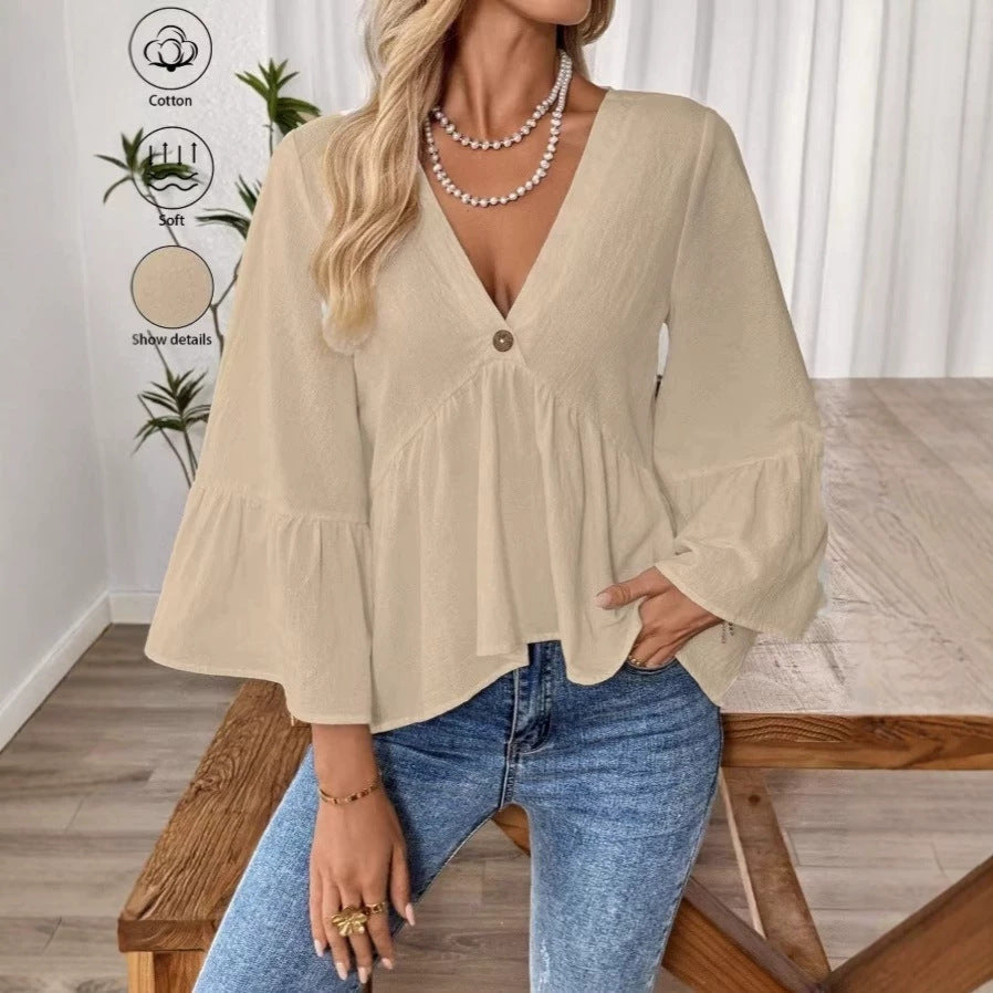 Damen nan elegante Empire-Bluse mit V-Ausschnitt, geraffter Brustnaht und Glockenärmeln Drune