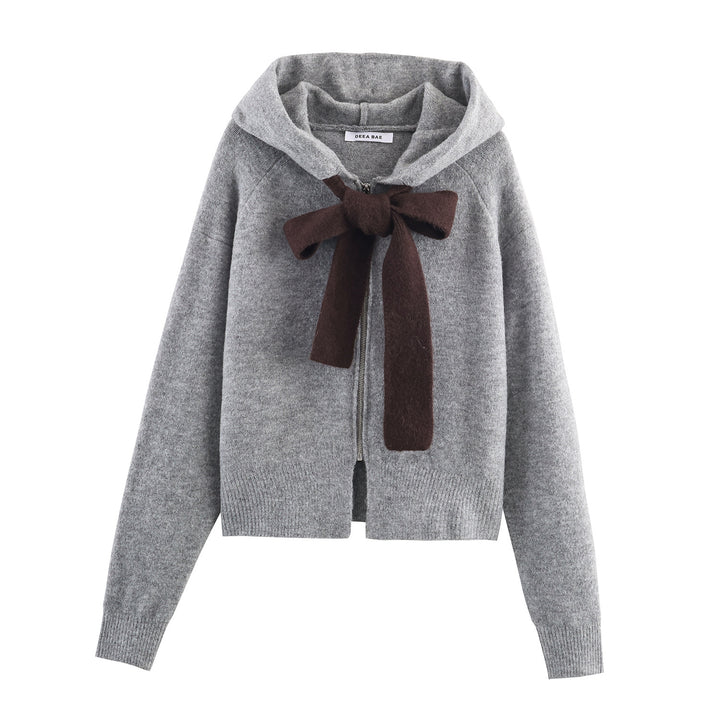 Damen Strickjacke mit Kapuze und dekorativem Schleifenverschluss Drune
