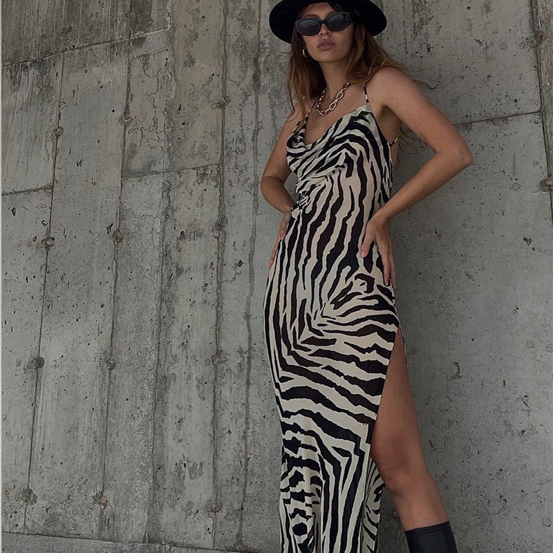 Damen Maxi-Strandkleid mit elegantem Wasserfall-Ausschnitt und hohem Schlitz Drune