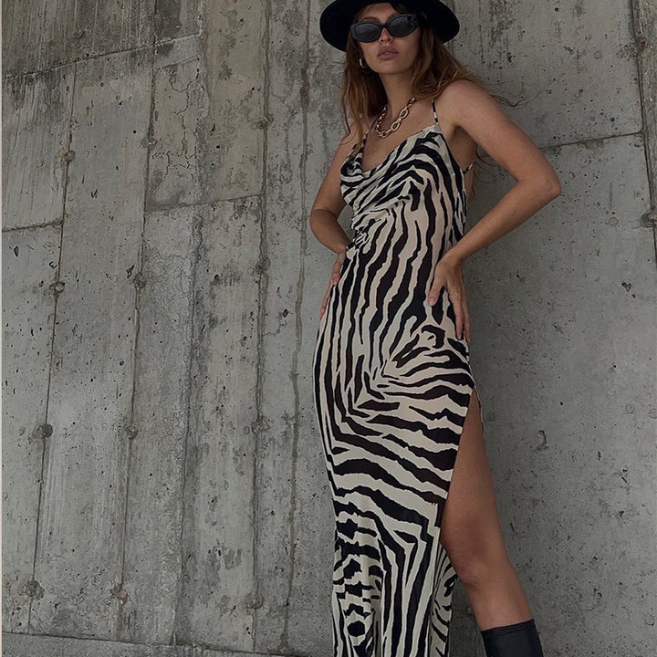Damen Maxi-Strandkleid mit elegantem Wasserfall-Ausschnitt und hohem Schlitz Drune