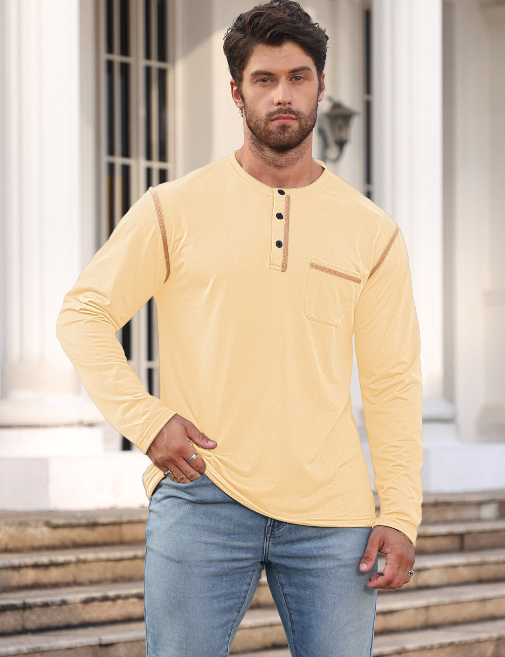 Herren Langarmshirt mit Knopfleiste und Brusttasche Drune