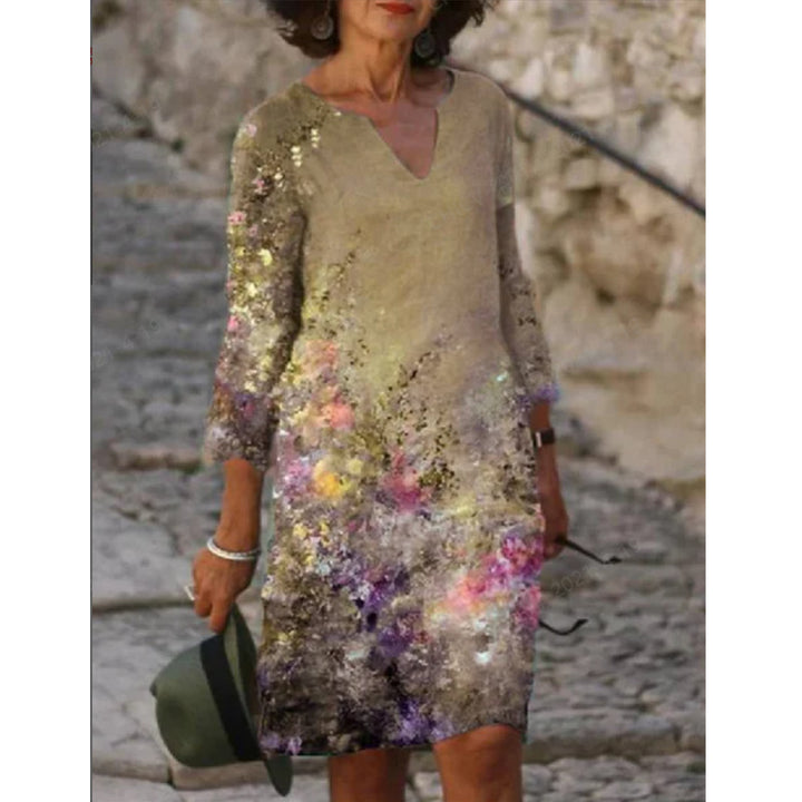 Damen elegantes Sommerkleid mit V-Ausschnitt und 3/4-Ärmeln Drune