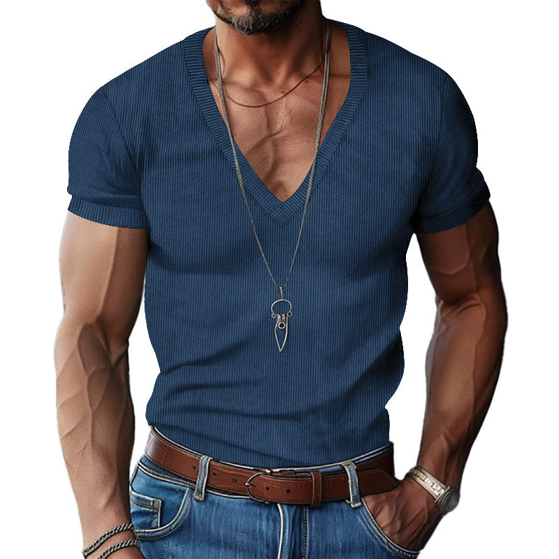 Herren nan strukturiertes V-Ausschnitt-Rippjersey-Shirt mit kurzem Arm und körpernaher Passform Drune
